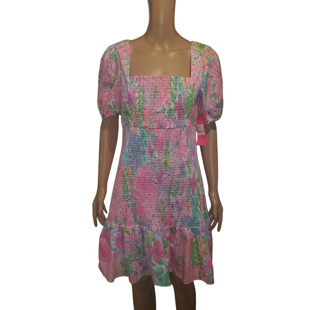 NEW Lilly Pulitzer Evelina Smocked Sheath Dress Paradise Found Pink Cotton L